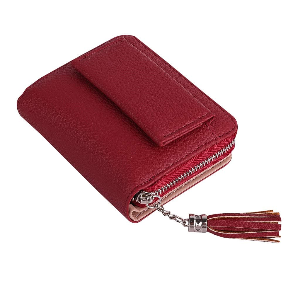 Women Small Wallet, Lady's Mini Wallet RFID Blocking Bifold Leather Multi-purpose Wallet with ID Window(wine red)