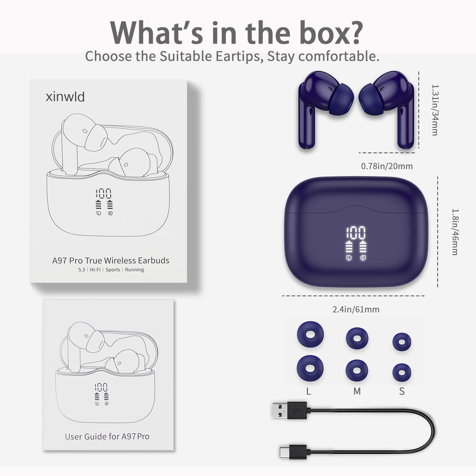 Wireless Earbuds, Bluetooth Headphones Bluetooth 5.3 Earphones, 2023 Bluetooth Headphones with 13mm Drivers, IP7 Waterproof Ear buds Wireless Earbuds, 36H Playtime, LED Display, Mini Ultra Light, Blue