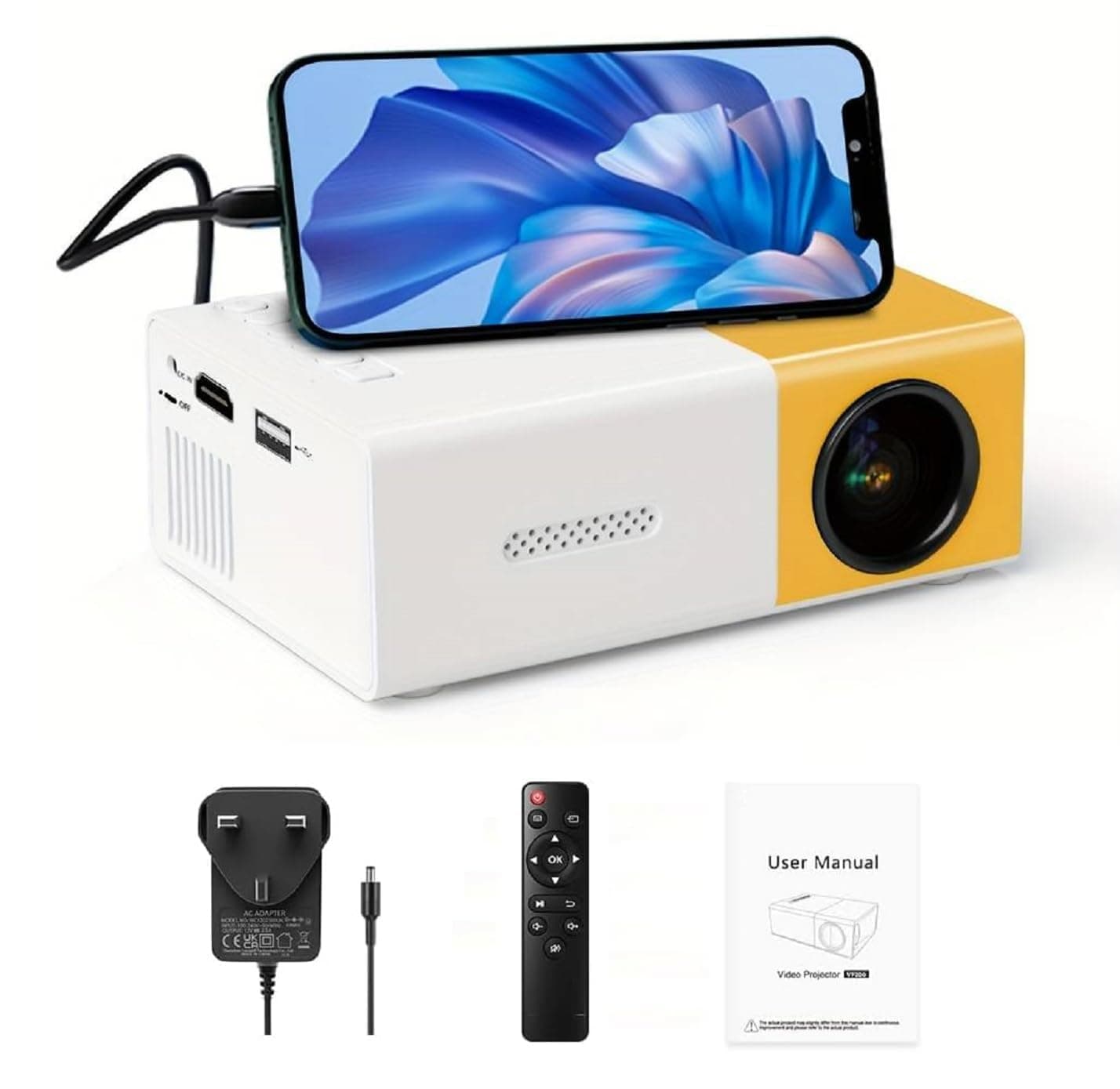 VASMR Smart Projector, Portable 4K LED Mini Projector, 24-60 inches Home Theater, Video Projector, Suitable for Outdoor Recreation and Home Theaters,Support HDMI, AV, SD, USB Interfaces (Yellow)