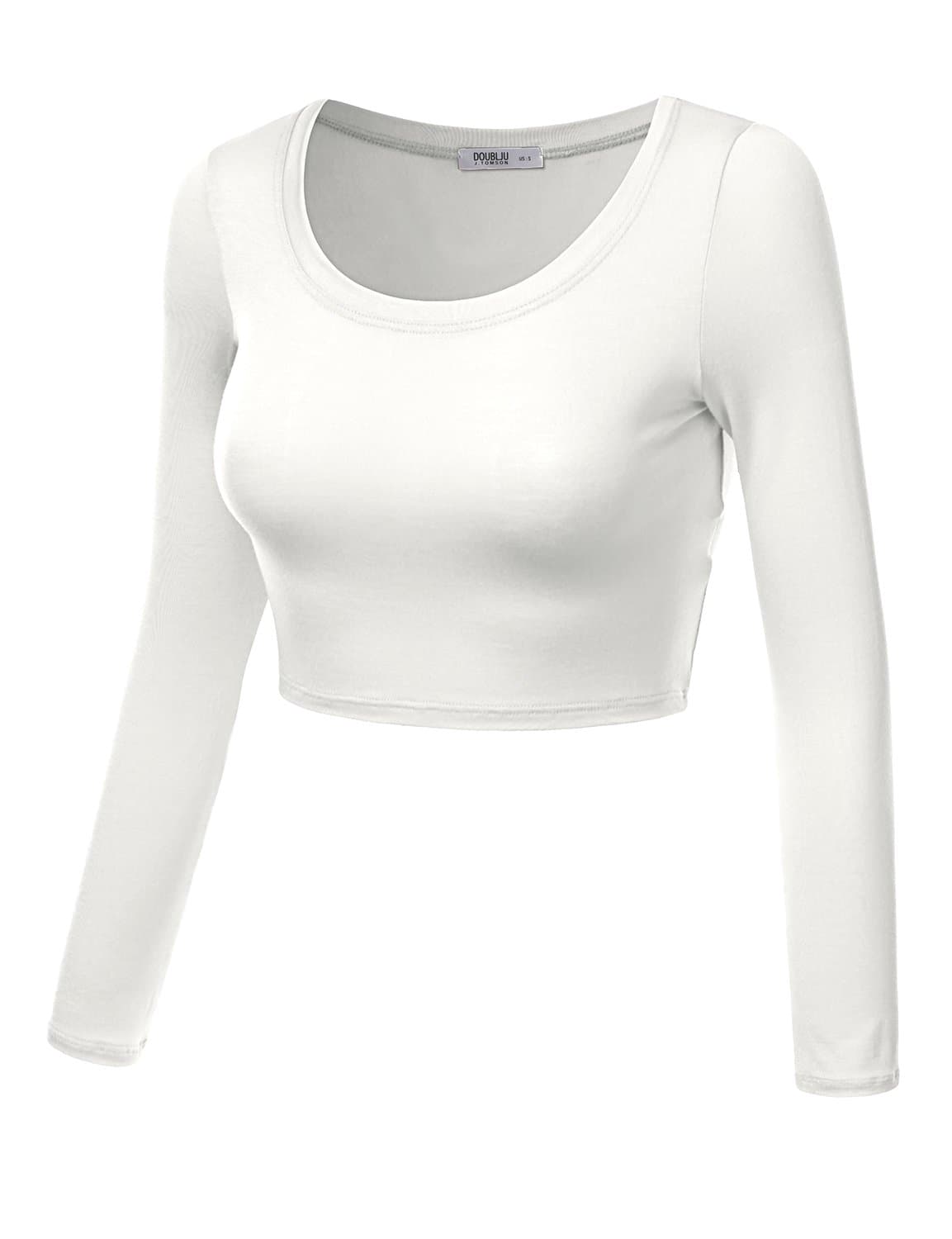 Womens Basic Long Sleeve Round Neck Solid Slim Fit Crop Top Ivory XL
