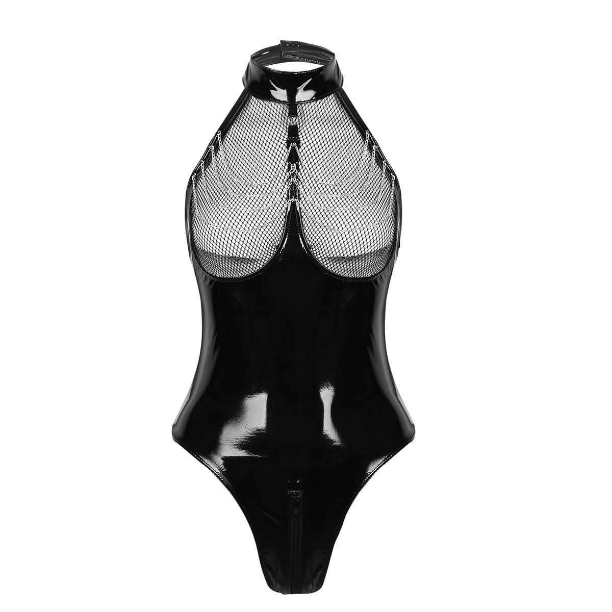 Womens One Piece Shiny Metallic Leotard PVC Leather Halter Neck Zipper Crotch Bodysuit