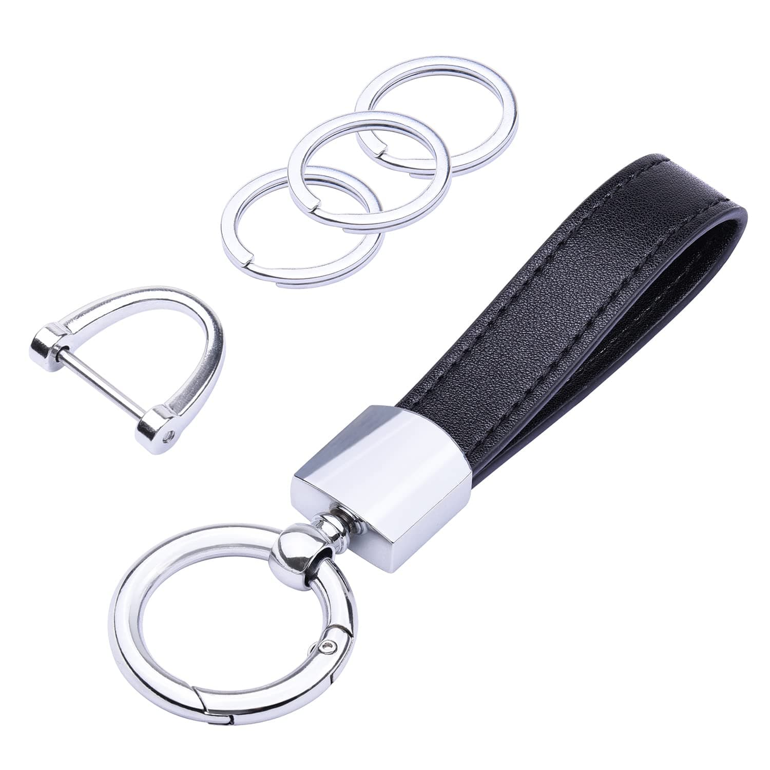 Wisdompro Genuine Leather Car Keychain, Universal Key Fob Keychain Leather Key Chain Holder for Men and Women, 360 Degree Rotatable, with Anti-lost D-ring - Black(Silver keyclip), 5 inches