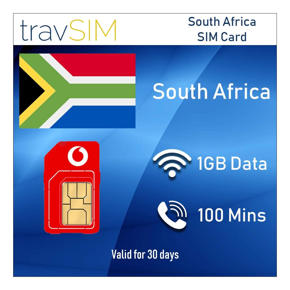 travSIM Prepaid Vodacom SIM card for South Africa with 1 GB data, valid for 30 days. (Includes 100 minutes to call 30+ international countries and 3G / 4G LTE internet speed)