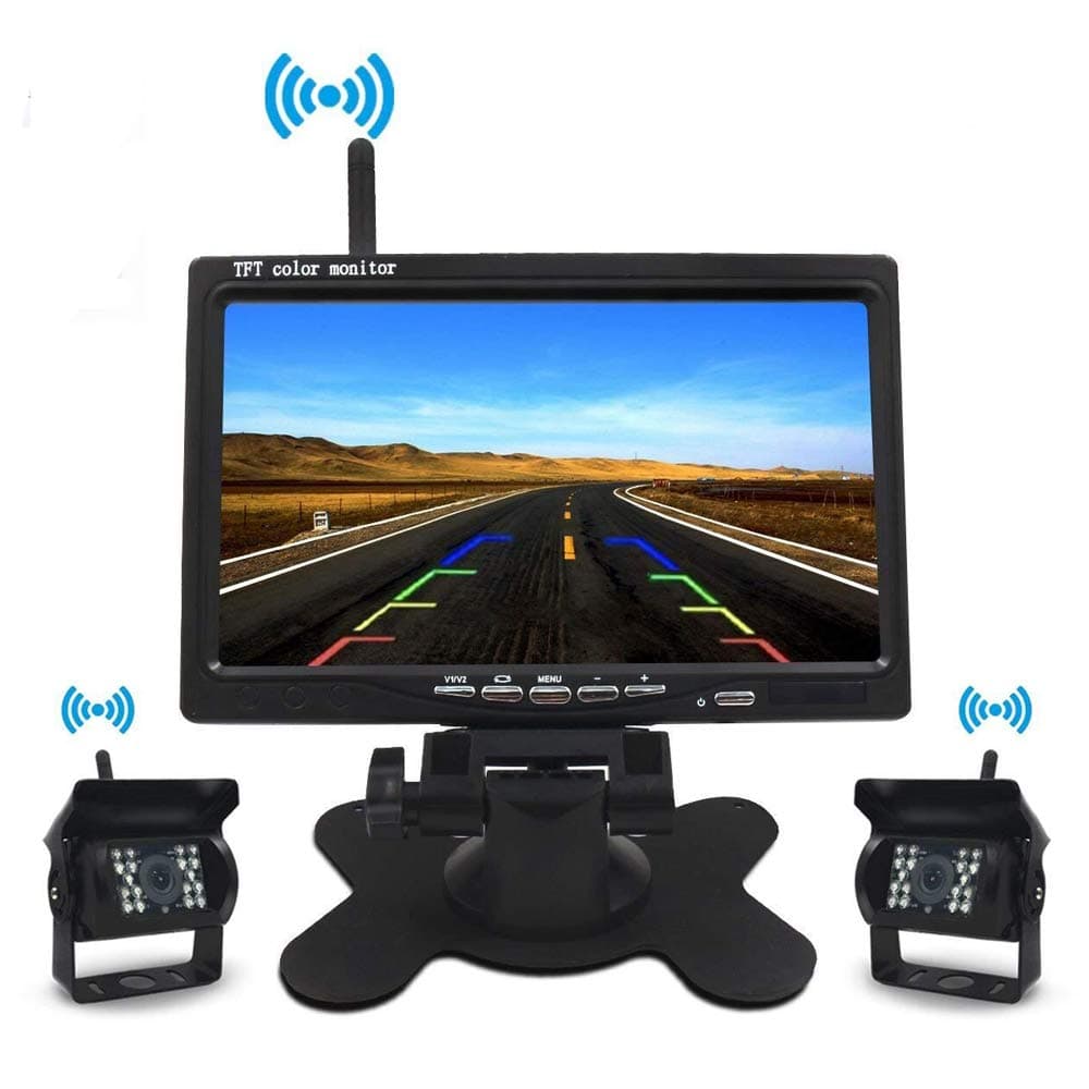 12V/24V Wireless Backup Camera Monitor Kit 2 Reversing Cameras Ir Night Vision Waterproof+7'' HD Rear View Car Monitor Vehicle Parking Assistance System for RV Truck Trailer Bus