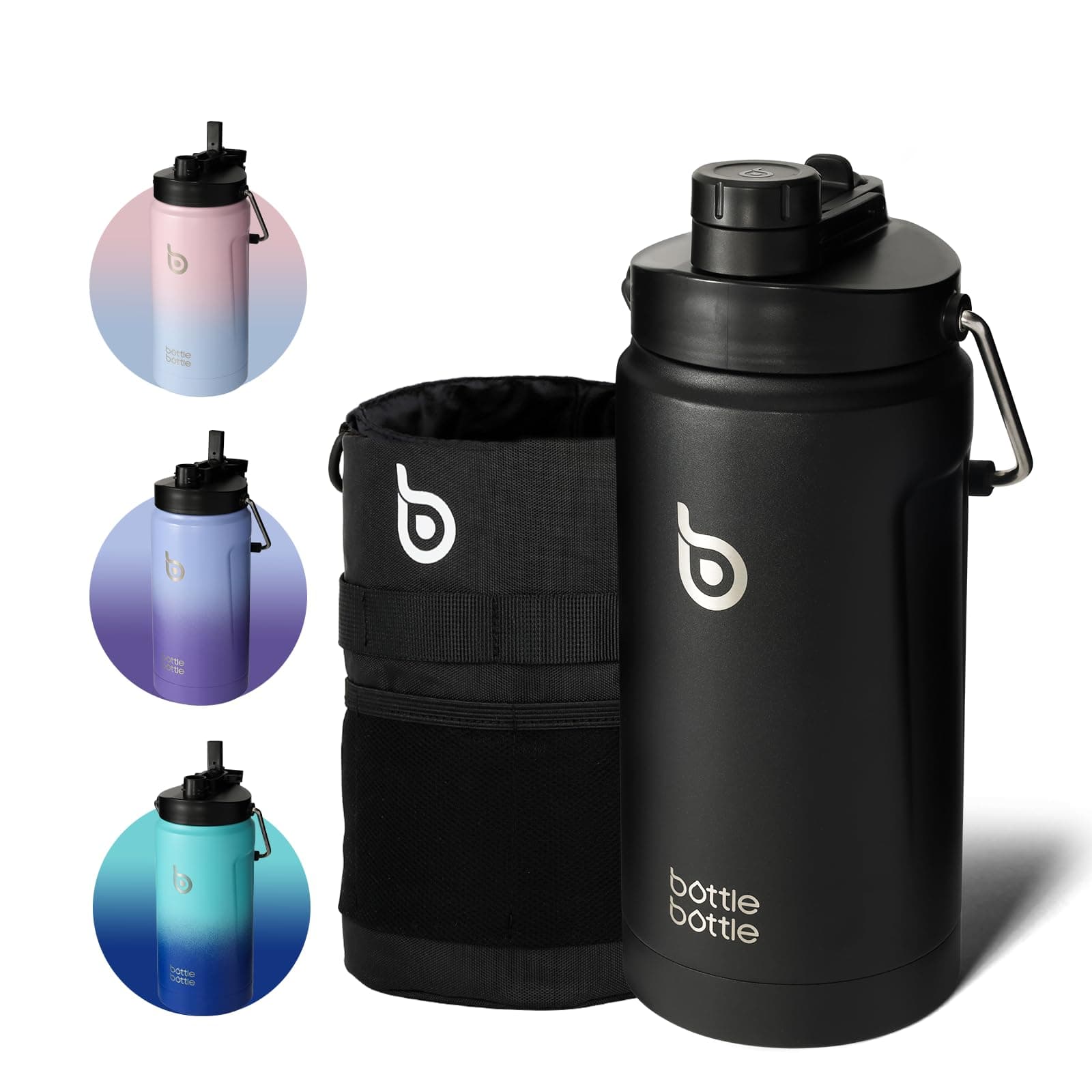 BOTTLE BOTTLE 2 Litre Water Bottle with Straw and Dual-use Lid Large Insulated Water Bottles with Handle Big Stainless Steel Metal Flask for Hot Drink(Black)