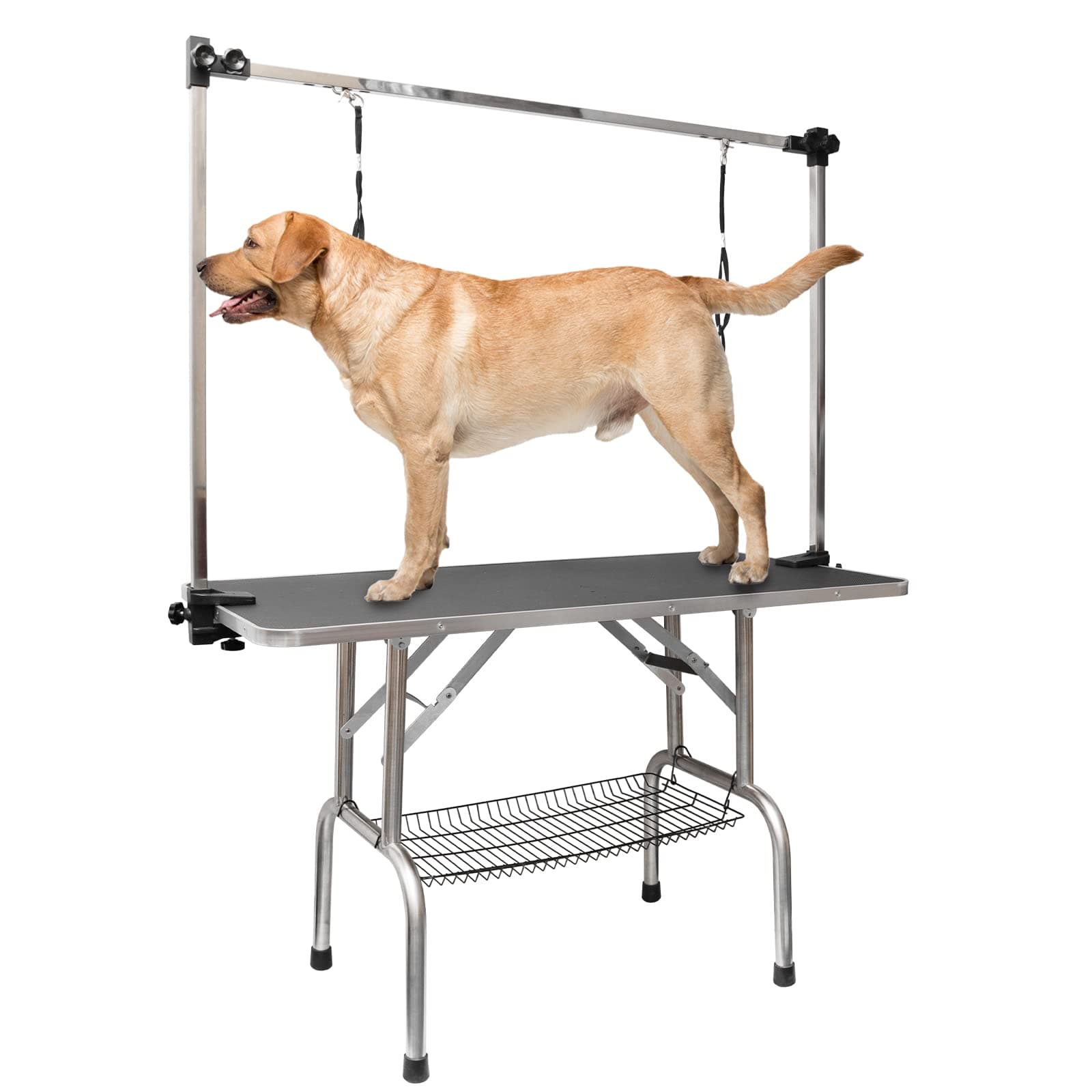 ROOMTEC 46" Dog Grooming Table,Foldable Home Pet Bathing Station with Adjustable Height Arm/Noose/Mesh Tray