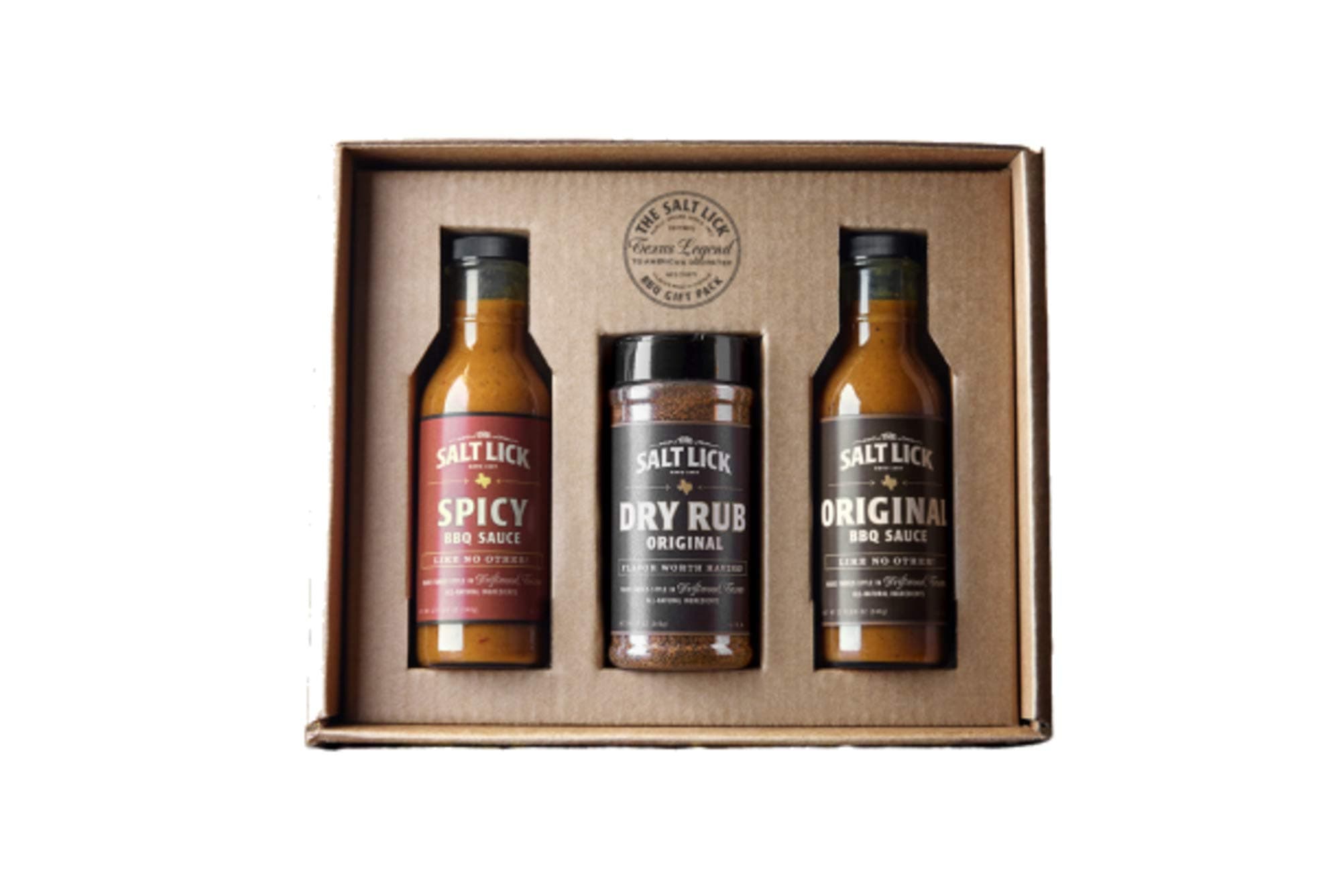 Salt Lick BBQ Sauce and Dry Rub Gift Pack - Driftwood Texas BBQ Sauces and Seasoning Set Original Dry Rub, Original and Spicy BBQ Sauce