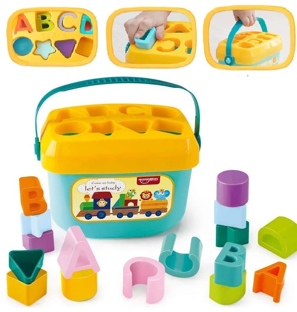 Baby First Blocks Activity Toys Sorter Baby And Toddler Toy Abcd Learning Shape Alphabets Storage Bucket Toys Sorting Game Developmental Educational Toy Children 16 Building Blocks,Multi
