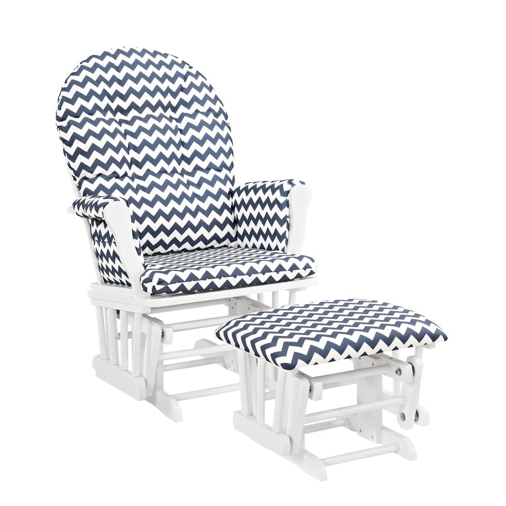 Windsor Glider and ottoman-white w/ navy chevron