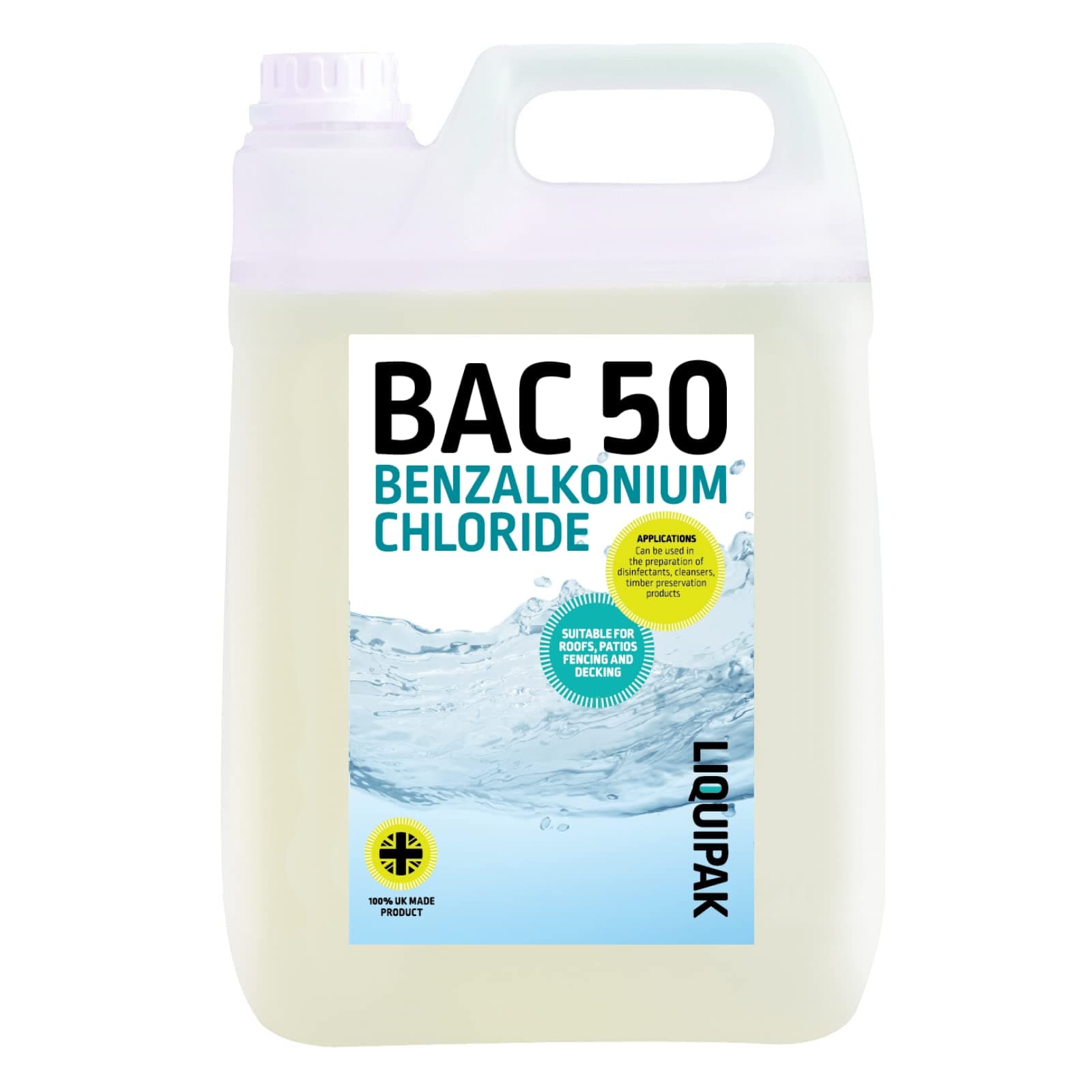 Liquipak BAC 50 5L Benzalkonium Chloride Concentrated – powerful outdoor cleaner for roof cleaning, soft washing, patios, decking, paths & general exterior cleaning.