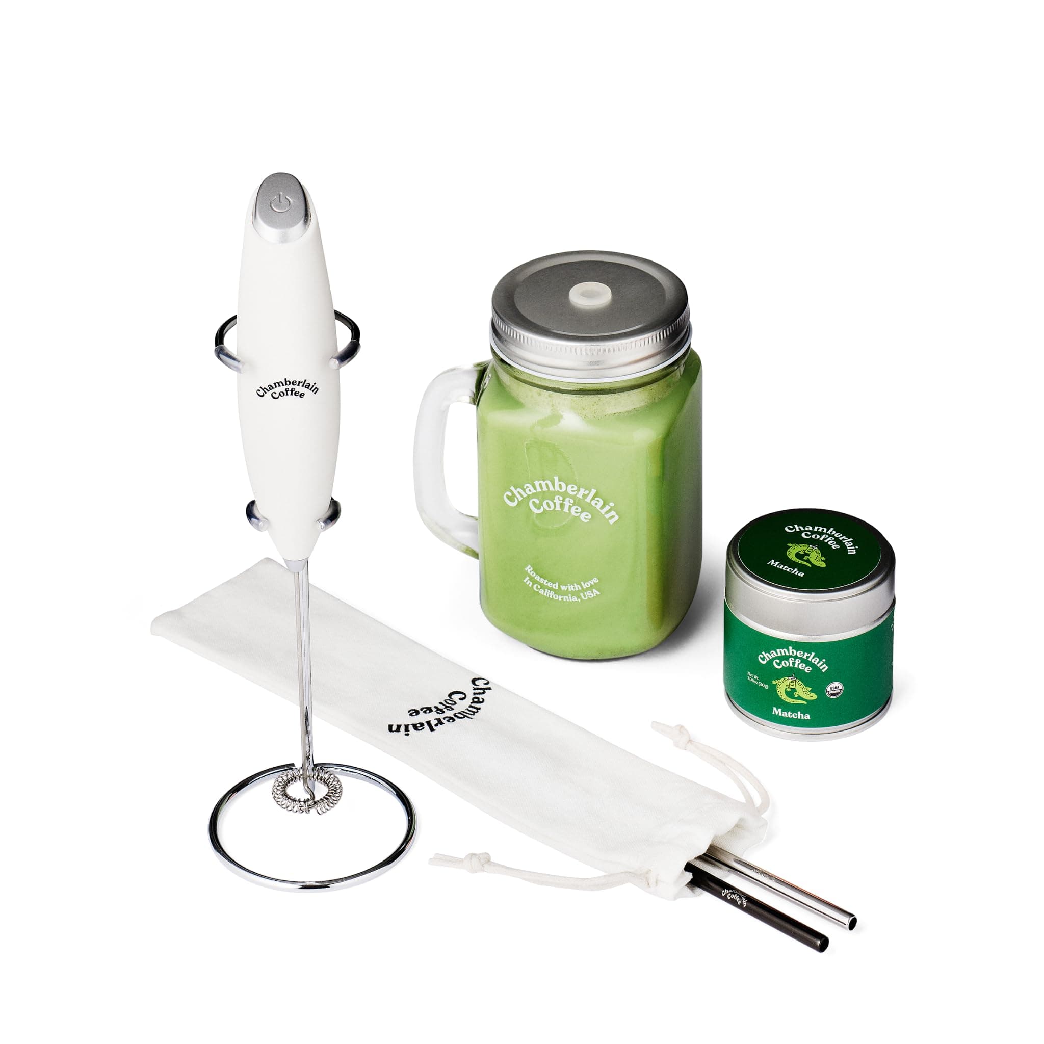 Chamberlain CoffeeMatcha Starter Pack - Green Tea Matcha Powder Kit - Ceremonial Grade Matcha Tea, Milk Frother, Mason Jar, Stainless Steel Straws - 1.06 Oz Tin