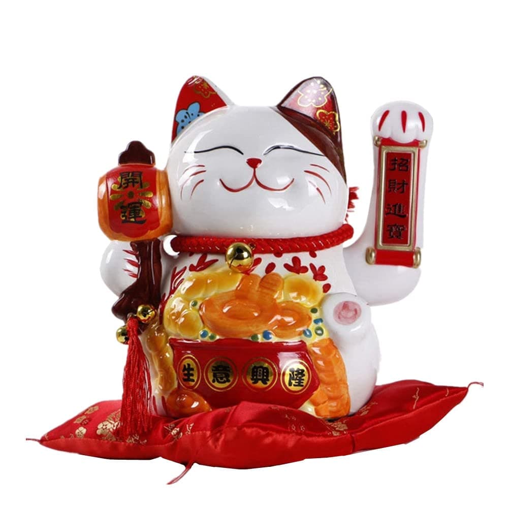 10" Lucky Fortune Cat with Waving Arm Gold Operated Chinese Feng Shui Deoration Lucky Cat for Shops, Restaurants, living Room
