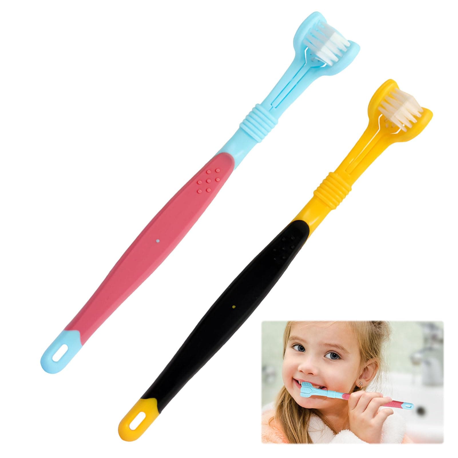 Autism Toothbrush 2 PCS Yellow Black and Red Blue 3 Sided Toothbrushes Kids 3 Sided Sensory Toothbrush Autism for Kids Suitable for Adult and Child Dental Care and Gum Care Sensory Toothbrush Autism