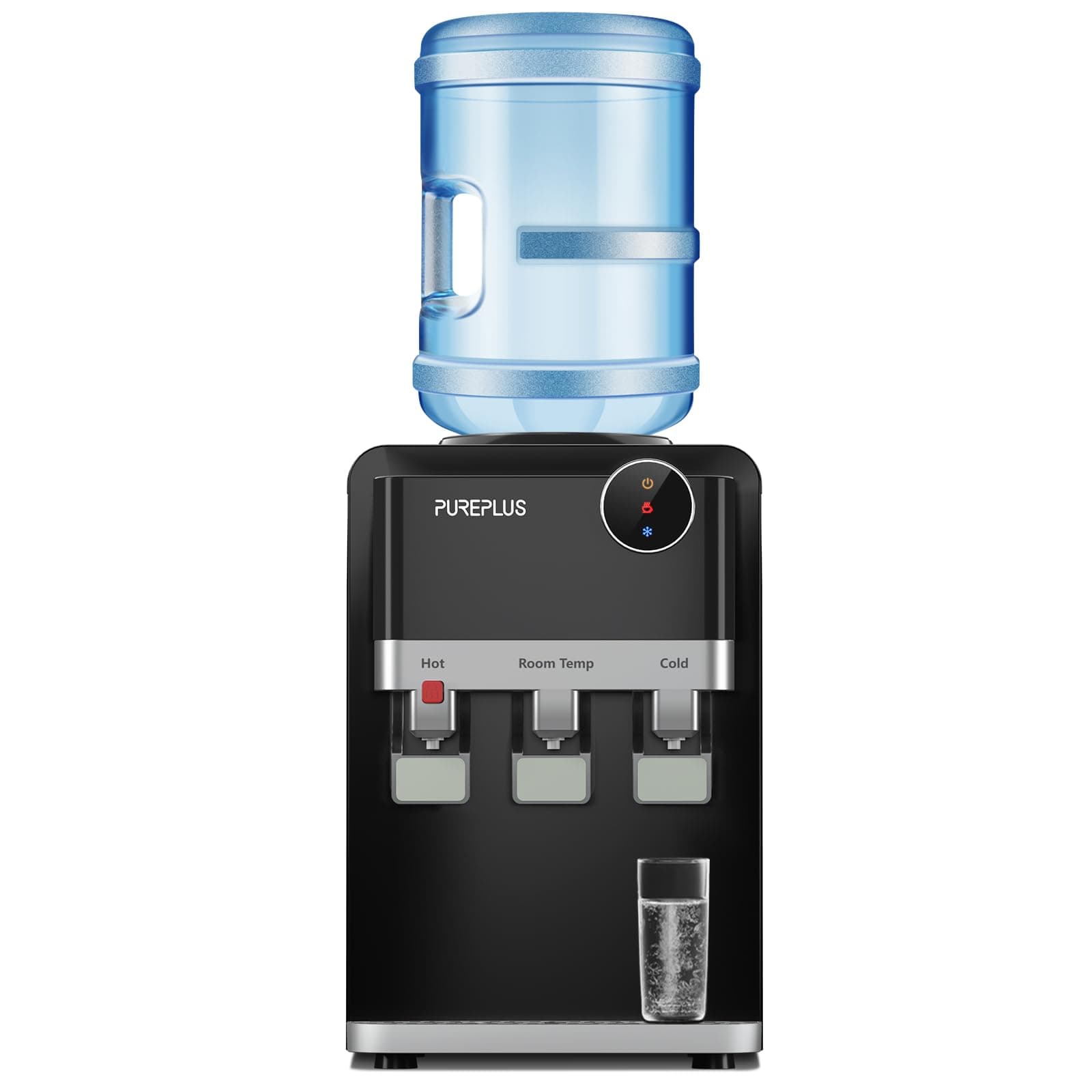 PUREPLUS Top Loading Water Cooler Dispenser, Countertop Water Cooler for 3 or 5 Gallon Bottles, Hot & Cold Water, 3 Temperature Settings, Child Safety Lock, Removable Drip Tray for Home, Office