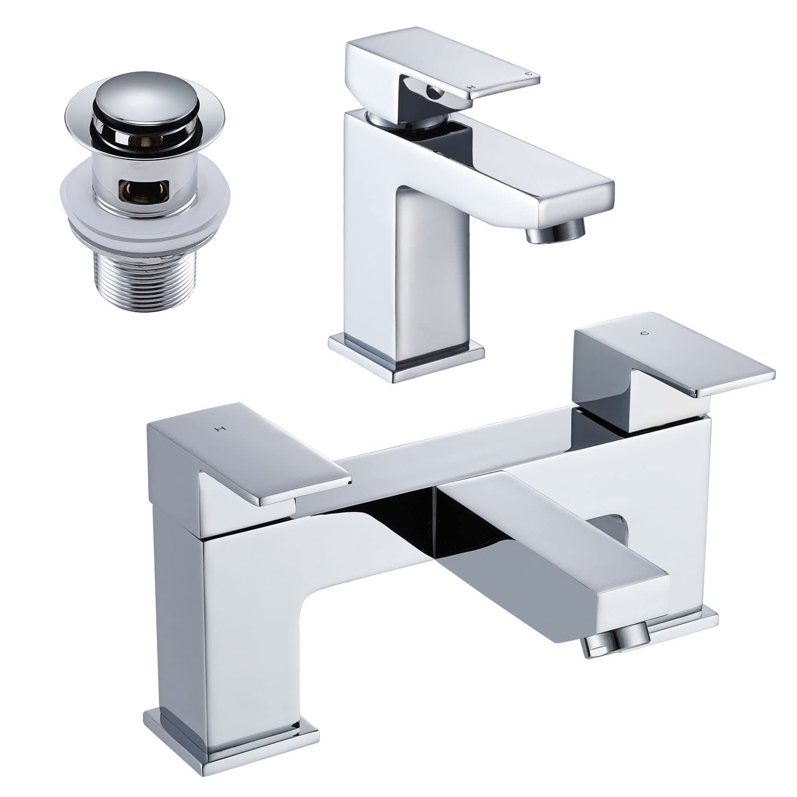 Bath Tap and Basin Taps with Basin Waste Set, Hapilife Modern Monobloc Bathroom Sink Mixer Taps and Dual Lever Bath Tub Filler Tap with Pop Up Waste, Chrome Bathtub Faucet