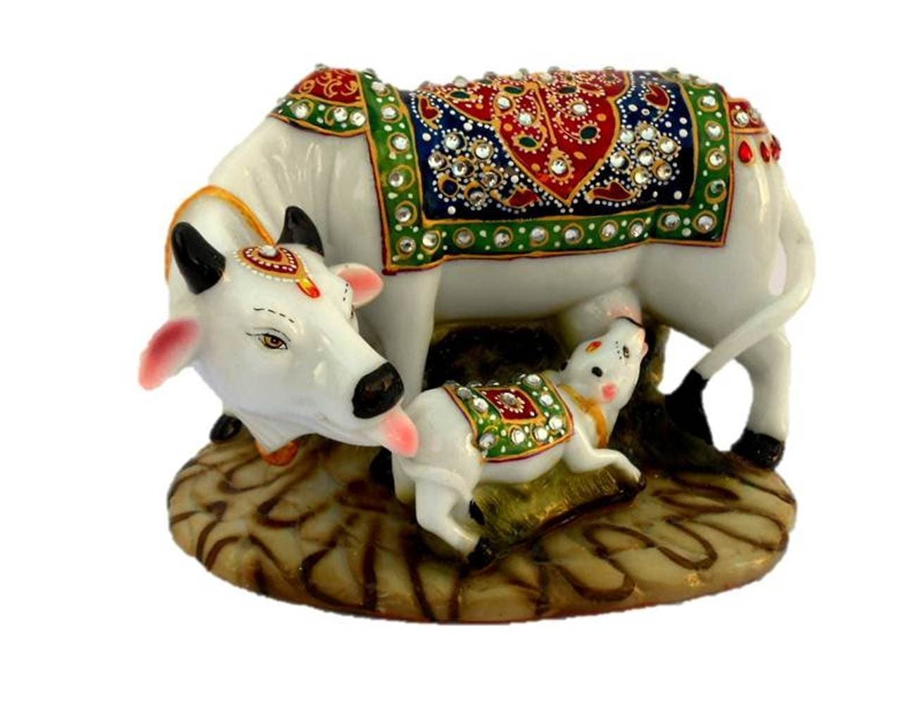 Handicraft Action Decorative Marble Dust/Polyresin Cow And Calf Big Statue/Idol,5X3X3Inch(Multicolour)