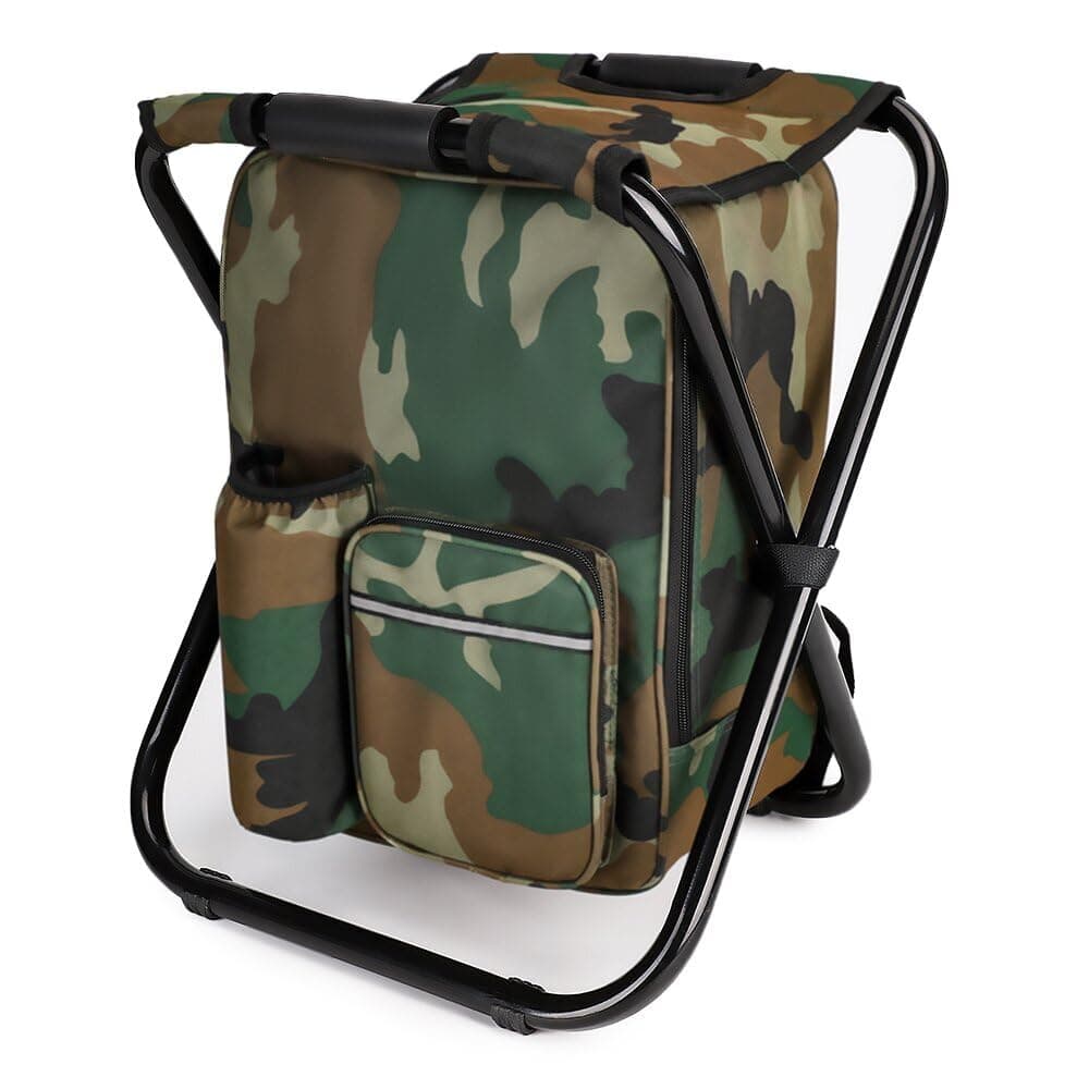 Portable Hiking Camouflage Camping Stool, Folding Camping Chair Stool Backpack with Cooler Insulated Picnic Bag