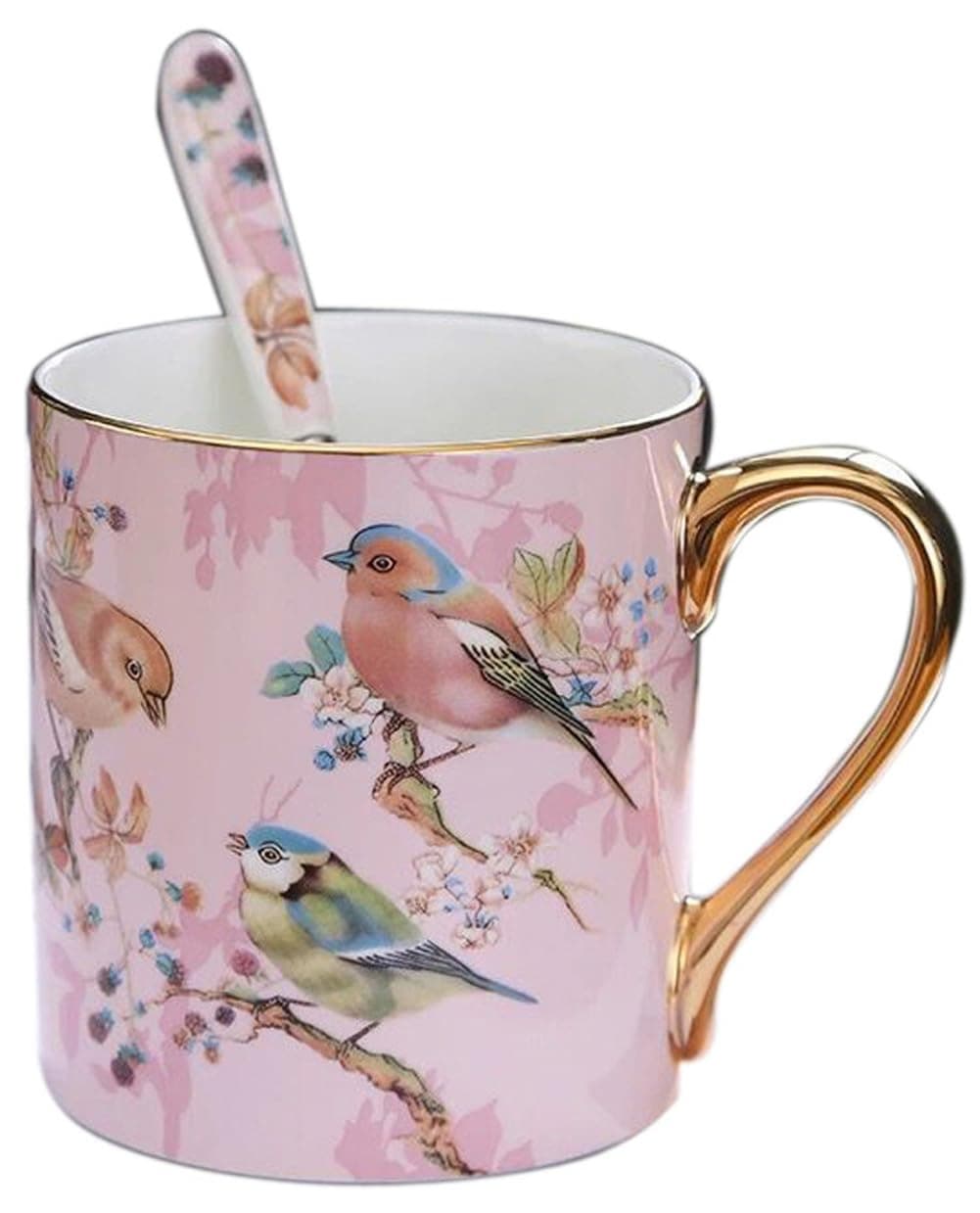 Bone China Porcelain Tea Cup Coffee Mug for Home Kitchen Office - Birds Patterns (Pink)