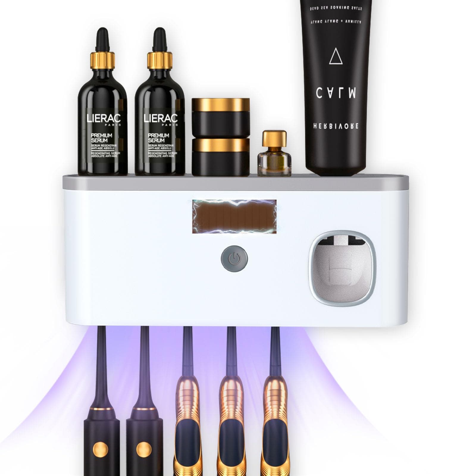 Wall Mounted Toothbrush Holder with Toothpaste Dispenser Electric Toothbrush Holder for Bathroom Solar Charging and No Drilling Required Smart Toothbrush Organizer with 5 Brush Slots