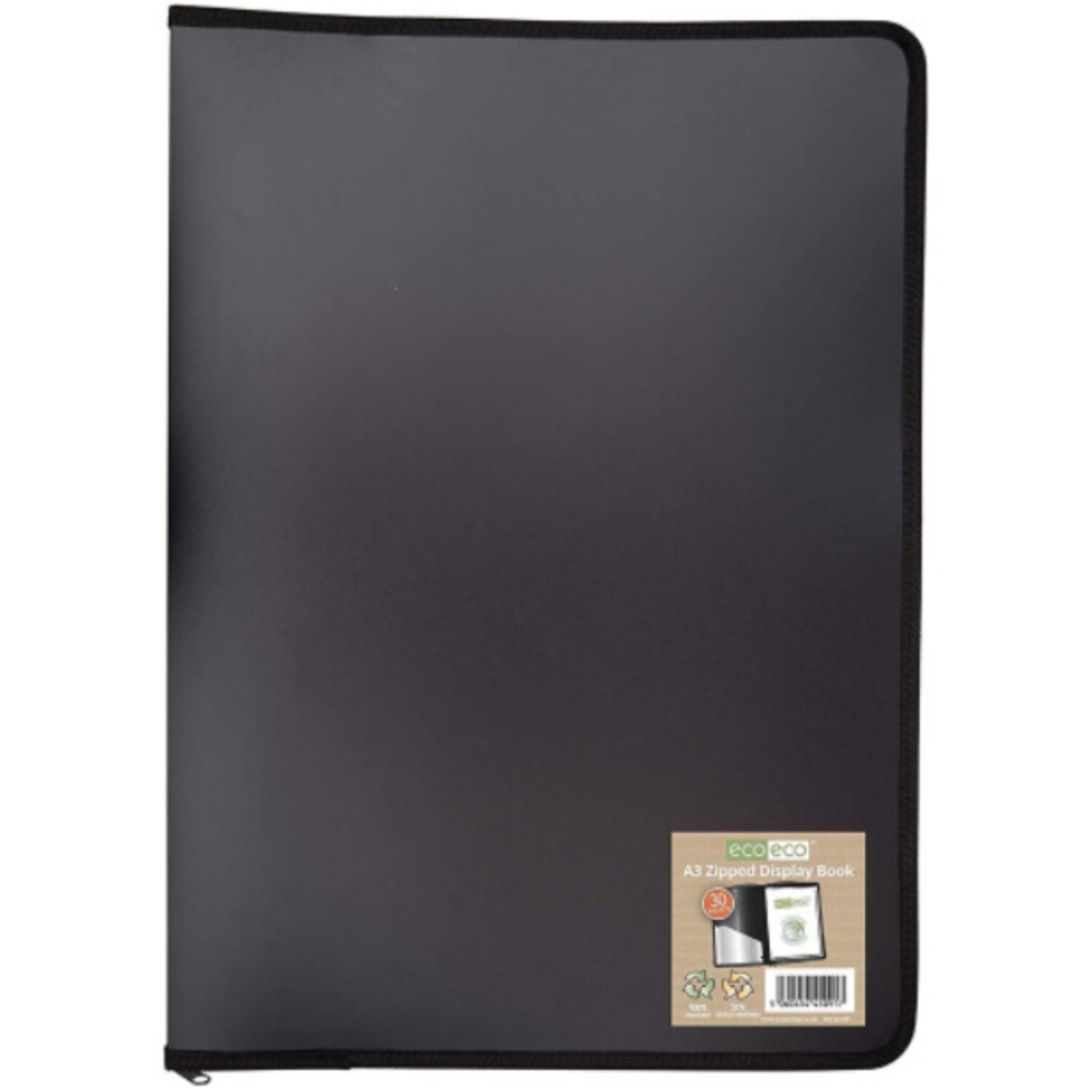 eco-eco A3 50% Recycled 30 Pocket Black Zipped Presentation Display Book, File Folder, Artwork Portfolio with Plastic Sleeves, eco091