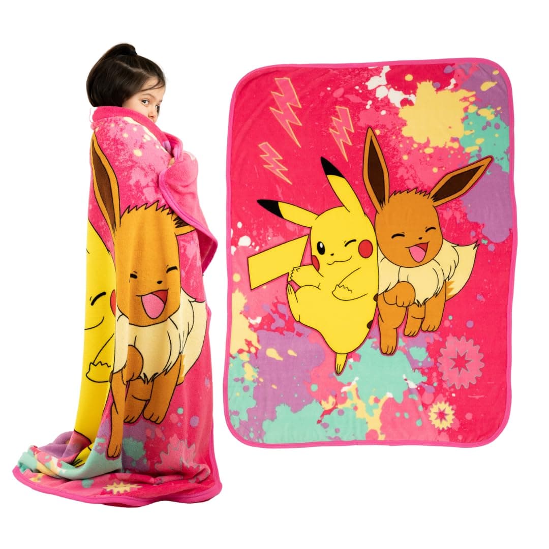 Pokemon Anime Pikachu and Eevee Kids Bedding Super Soft Micro Raschel Throw, 46 in x 60 in, (Official Licensed Product) by Franco