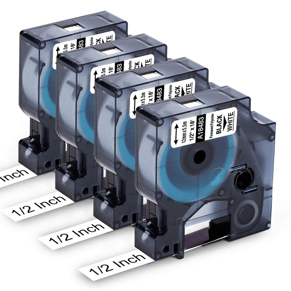 Compatible Label Tape 1/2 Replace for Dymo Rhino 4200 5200 Label Tape 18483 Permanent Polyester Label Tape 1/2 for Rhino 5200, 4200, 5000, 6000, 6500 Label Tape 12mm Black on White 1/2" x 18', 4 Pack