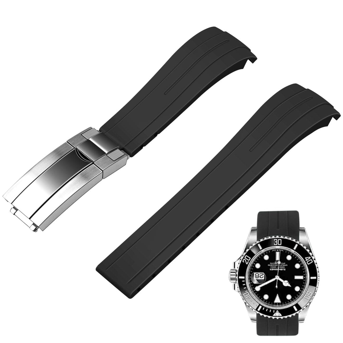 20mm 22mm Curved End Rubber Watch Band, Tapered Silicone Curved Replacement Watch Strap for Men Women with Classic Diving Buckle