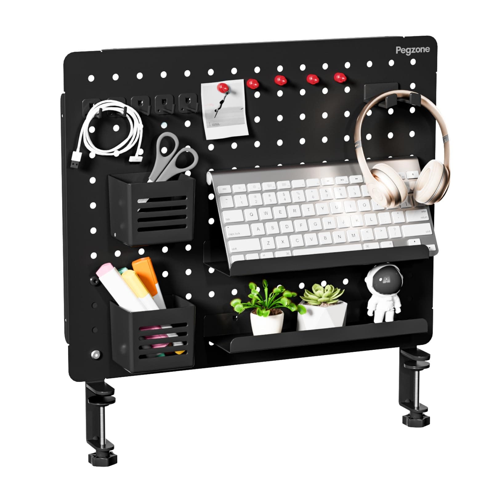 PEGZONE Clamp-on Desk Pegboard, Desk Organizer for Office Gaming Home, Magnetic Metal Peg Board with 15 Accessories, Privacy Panel for Office, 20.4" x 16.5", Large, Black