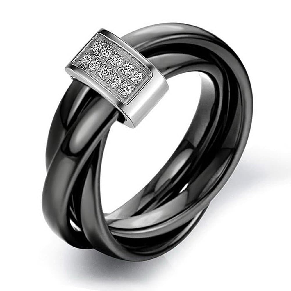 Triple Twisted Black Ceramic Ring Wedding Band With Crystal Drills Inlay Silver Color Sizes 6 To 9