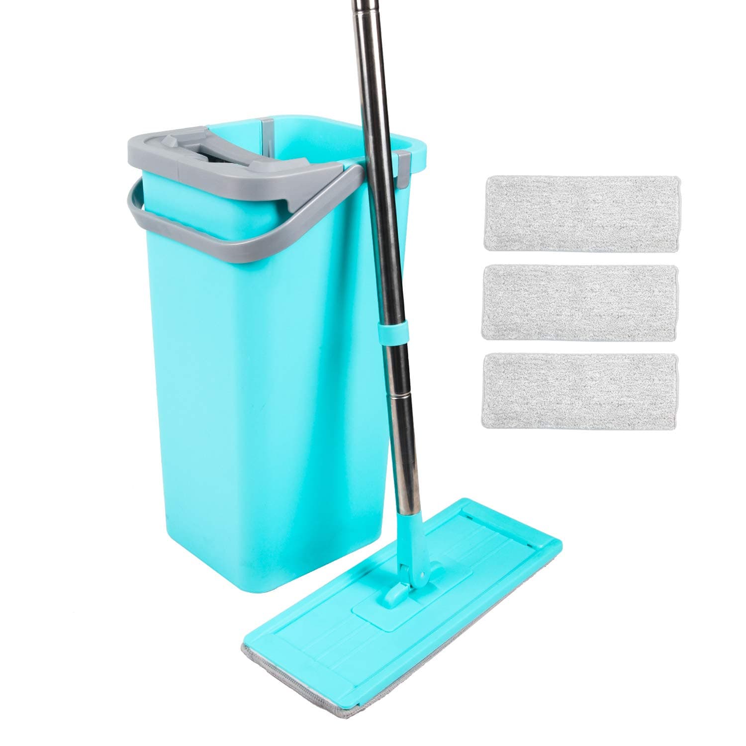 Kalokelvin Flat Mop and Buckets Set Wash and Dry Mopping System with Bucket, Stainless Steel Pole and Extra 3 Washable Mop Refill Pads for All Floor Cleaning - Blue