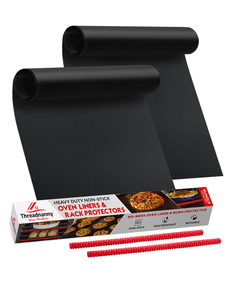 Oven Liners for Bottom of Oven (2-pack) Bundled with Rack Shield Guard (2-pack) - Large Mats for the Bottom (17"x 25") and 14" Silicone Rack Protector - Reusable & Heat Resistant Kitchen Accessories