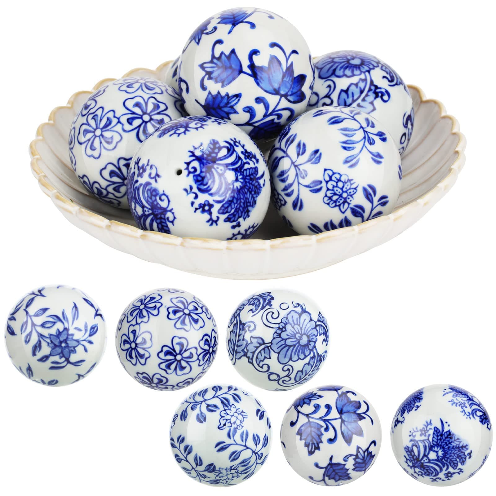 Vesici 6 Pcs Blue and White Porcelain Balls Chinoiserie Decor Decorative Ball for Bowl Centerpiece Tray Basket China Ceramic Orbs Gift for Vases Table Dining Spring Wedding Party Decoration(Pattern 1)