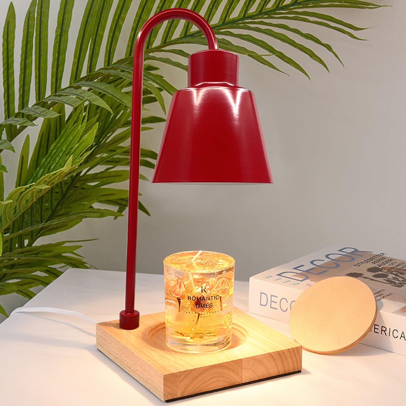 Electric Candle Warmer Lamp, Modern Candle Warmer Lamp Wooden Base, Dimmable Candle Warmer Lamp for Jar Candles with 2 Bulbs (Red)