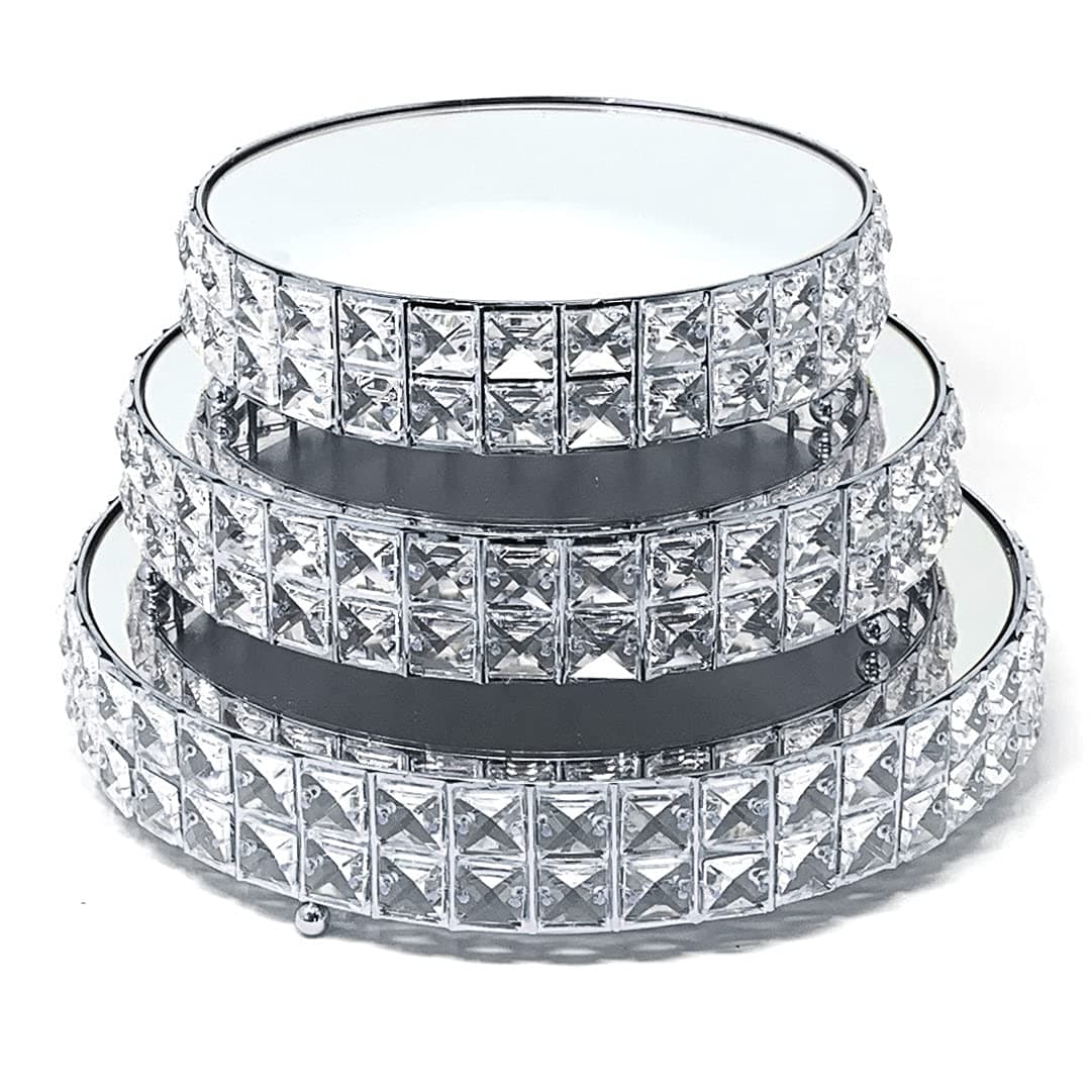 allgala Wedding Cake Stands 3-Piece Set Crystal Gold Plated Cheese Dessert Cupcake Cake Stand with Mirror Plate-Silver Round-HD89204