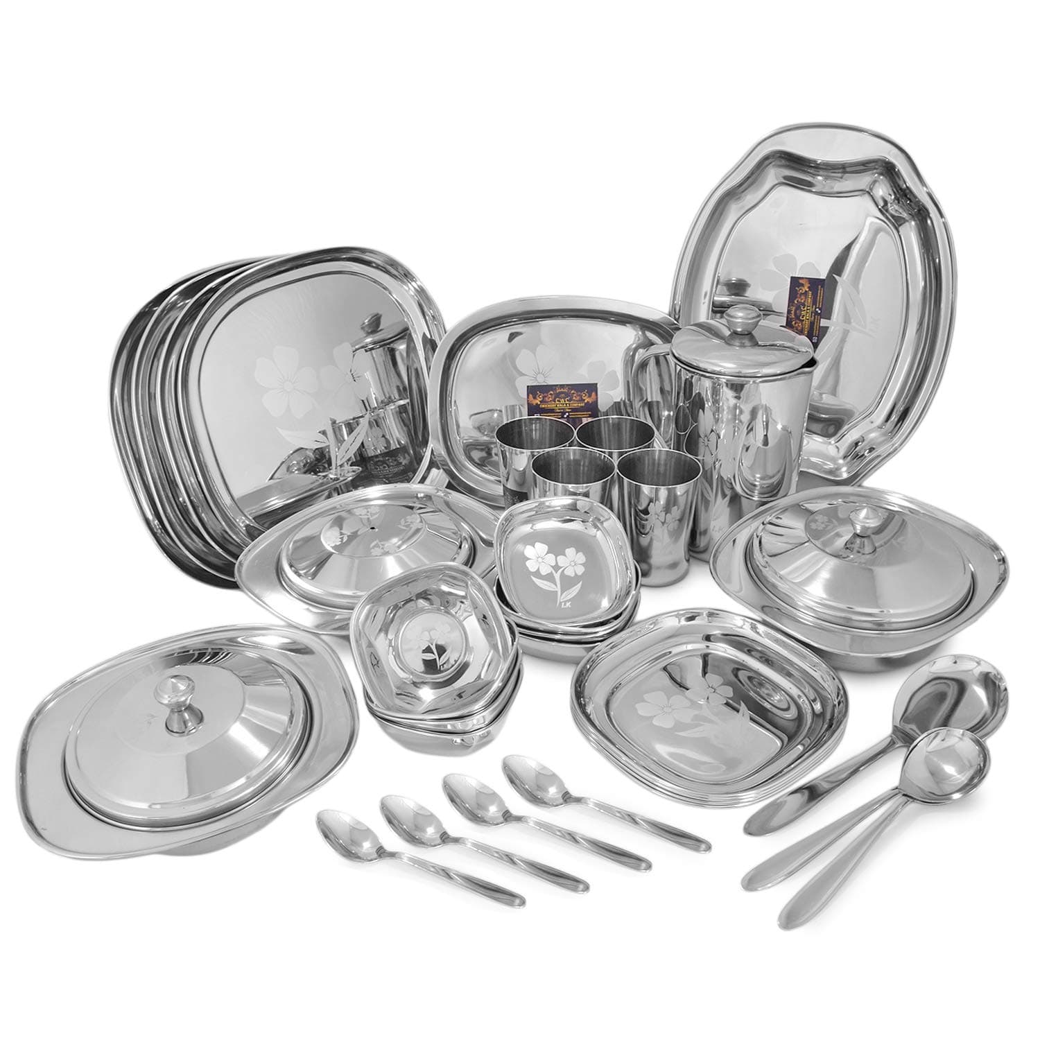 Laser Stainless Steel Dinner Set, 52 Piece, Square, Silver