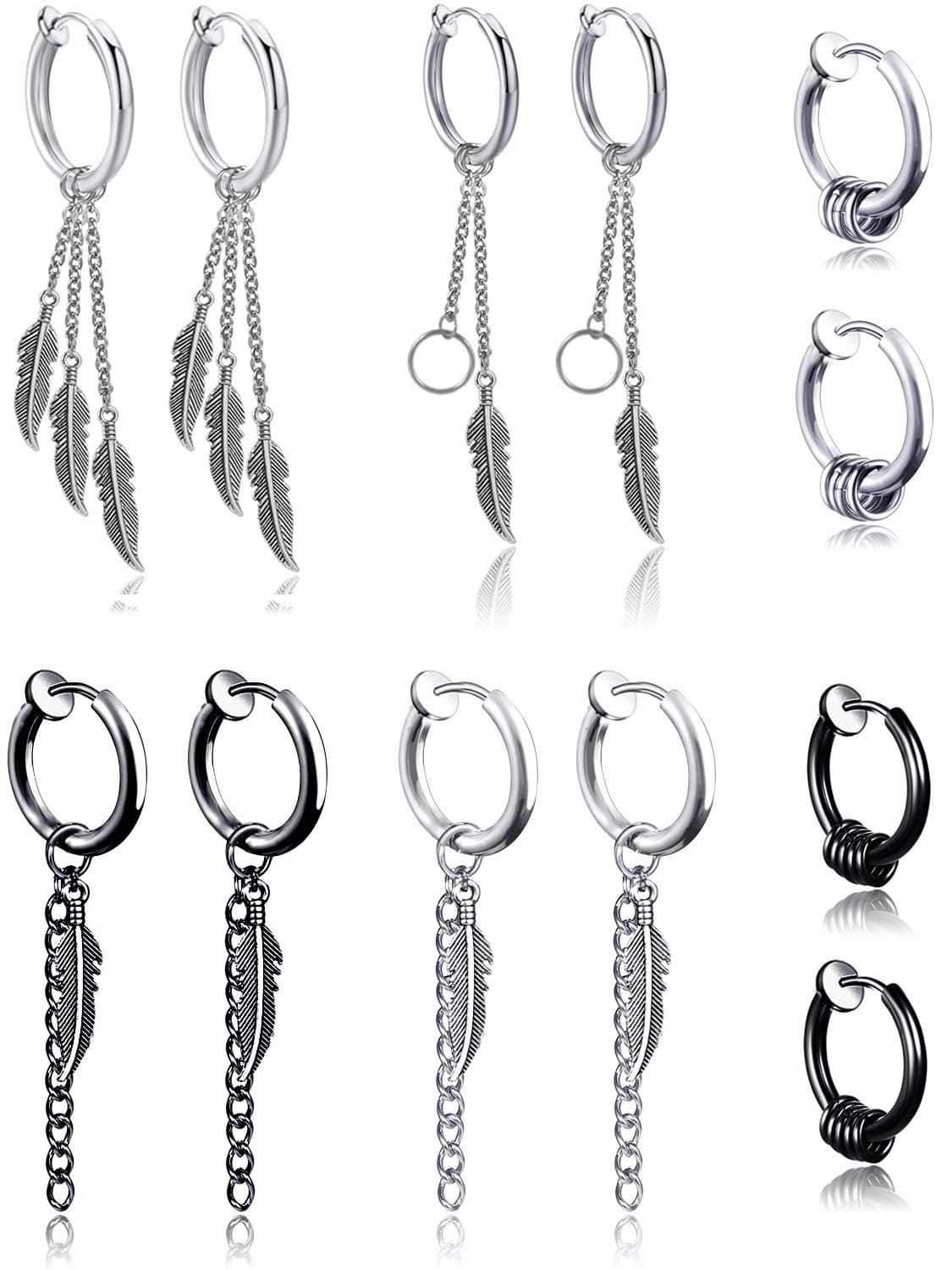 6 Pairs Clip On Earrings for Men Non Piercing Earrings Kpop Feather Dangling Earrings Fake Earrings Stainless Steel Huggie Hoop Drop Dangle Earring Non Pierced Earrings for Men Boys Jewelry Set