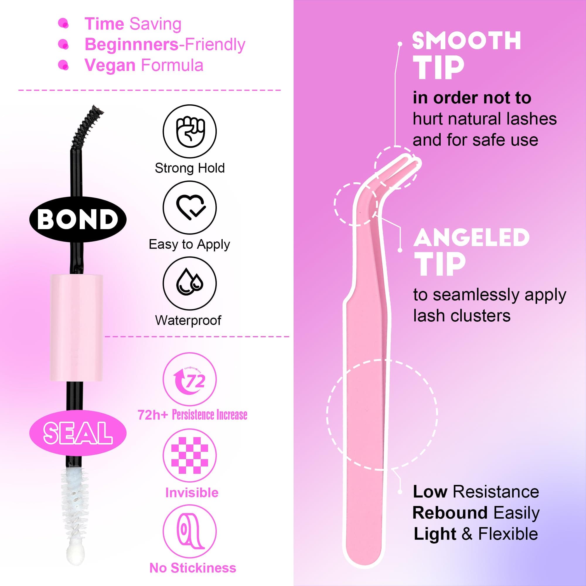 Pawotence Lash Extension Kit DIY 280pcs Individual Lash Clusters Kit 50D 9-16mm Cluster Eyelash Extensions Kit with Lash Bond and Seal, Lash Tweezers for Self Application (50D, 0.07D, 9-16mm, Kit)