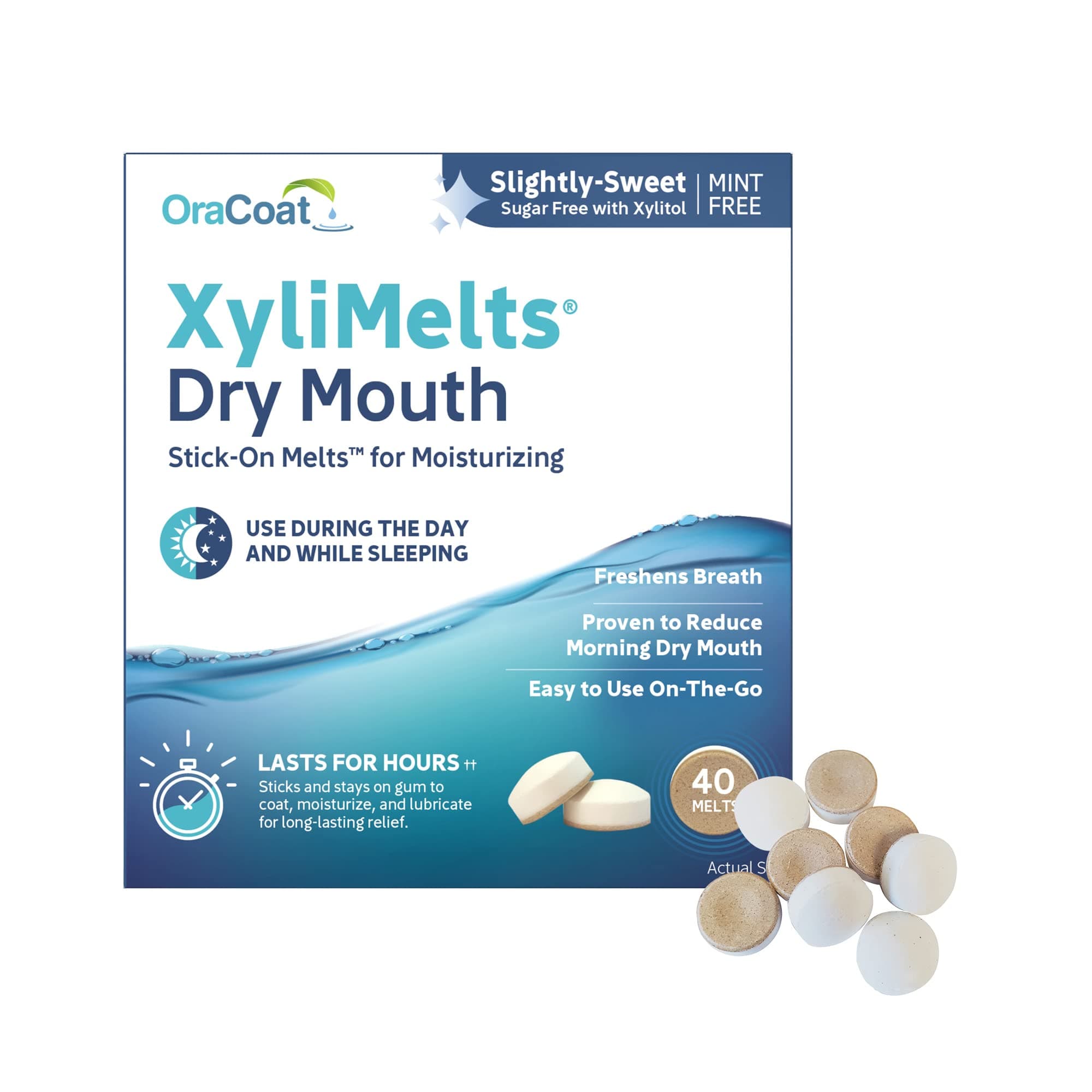 XyliMelts for Dry Mouth Night Time or Day - Moisturizing Dry Mouth Adhering Discs, Sugar Free with Xylitol, 40 Count, Slightly-Sweet Flavor, 8-Hour Relief