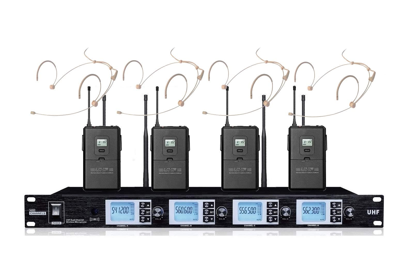 Bolymic 4 x100 Channel UHF Professional Wireless Cordless Beige Skin Color Headset Headworn Microphone mic System for Stage Presentation Theater Speech Drama Stage Play (FCC Compliance)