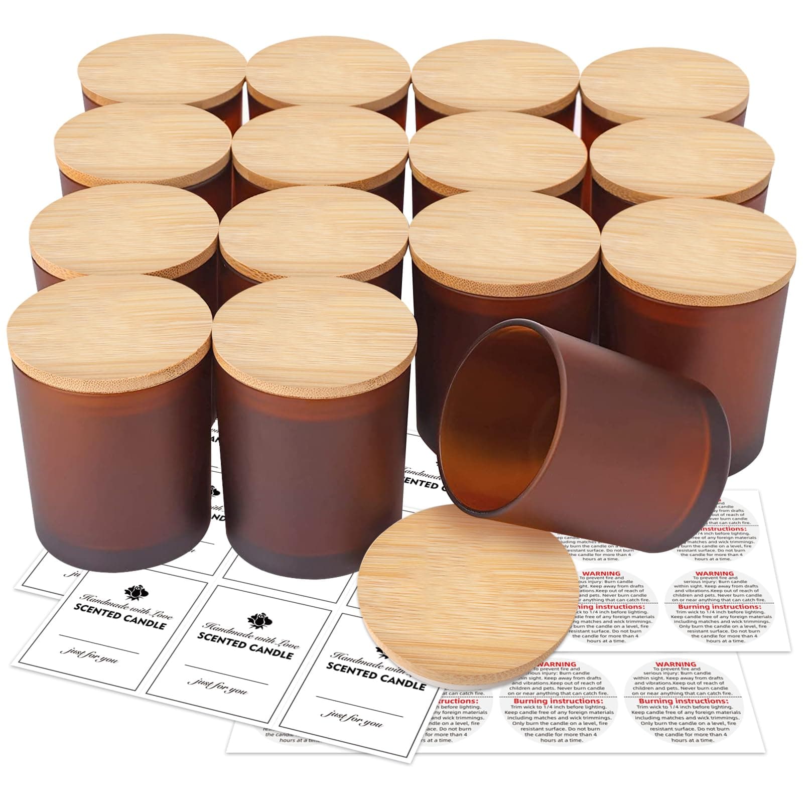 15 Pack Candle Glass Jars- 7oz Frosted Amber Empty Candle Jars with Bamboo Lids and Sticky Labels, Matte Brown Candle Jars in Bulk for Making Candles Containers - Dishwasher Safe