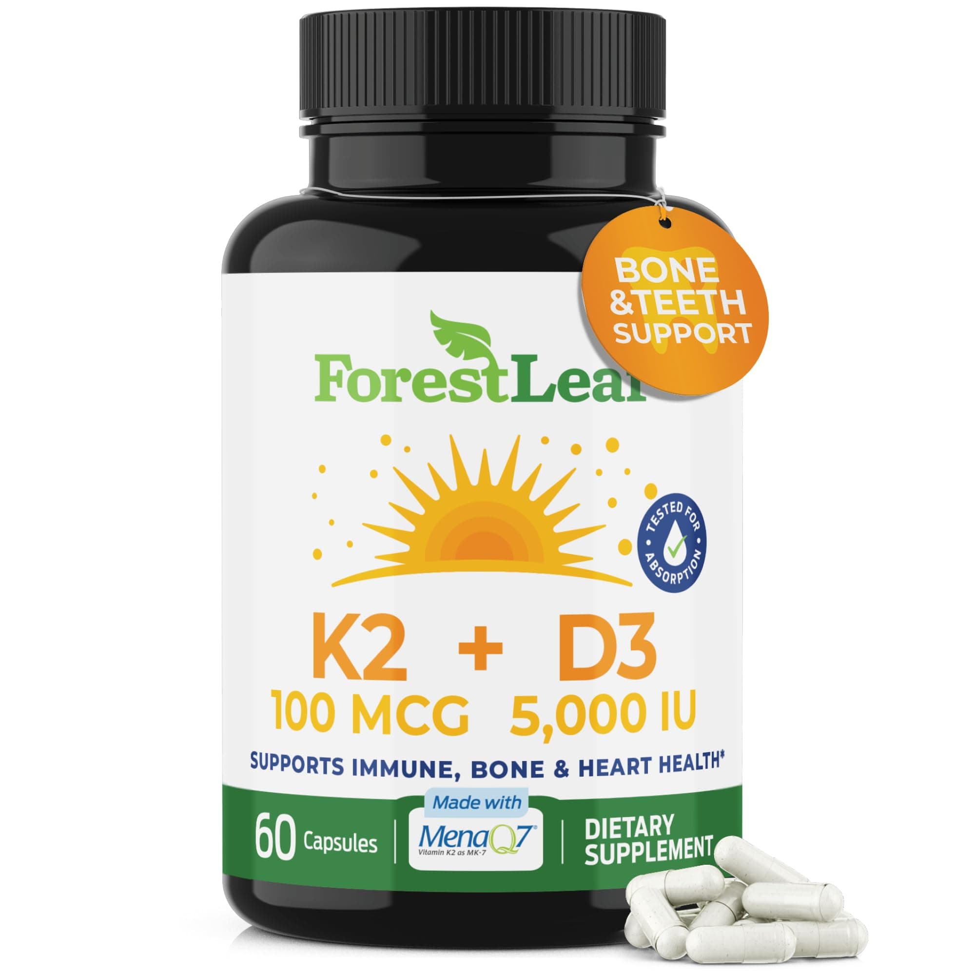 ForestLeaf Vitamin D3 + K2 (MK7) Supplement - MenaQ7 - Calcium and Vitamin D3 5000 IU Max Absorption - Teeth and Bone Strength, Heart Health, Immune System Support - 60 Veggie Capsules