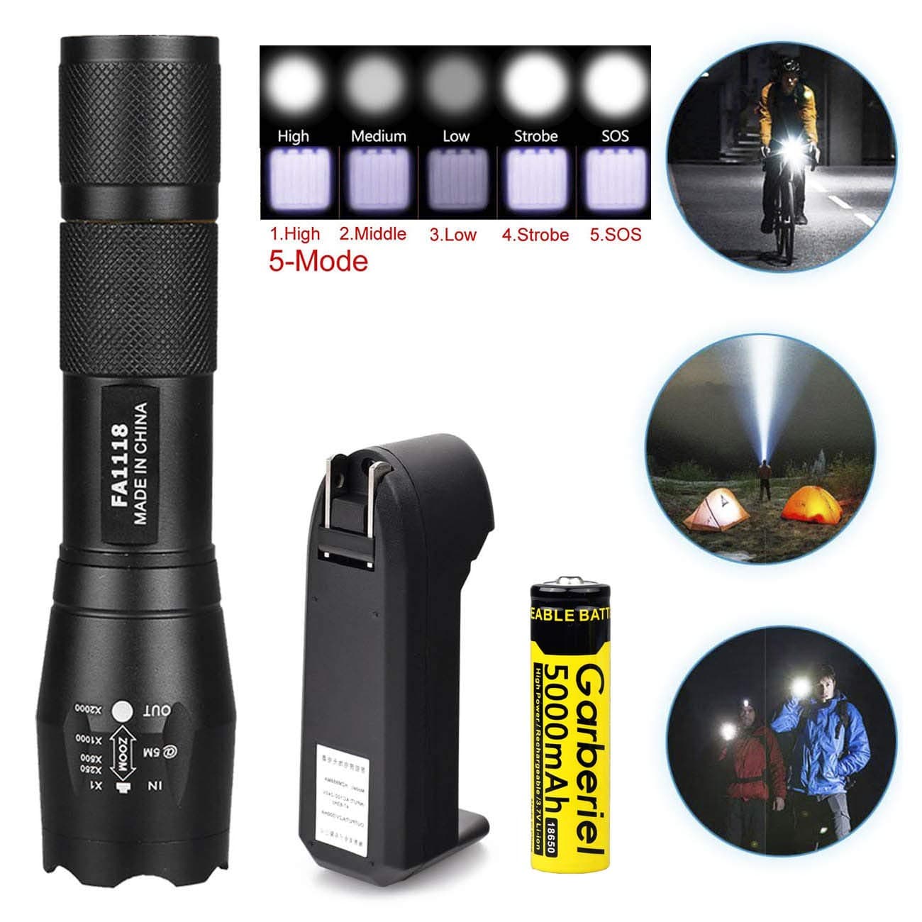 WishDeal LED Flashlight Adjustable Focus Portable T6 Handheld Flashlight 3000 Lumens 5 Modes LED Light For Camping Hiking - Battery and Charger Included