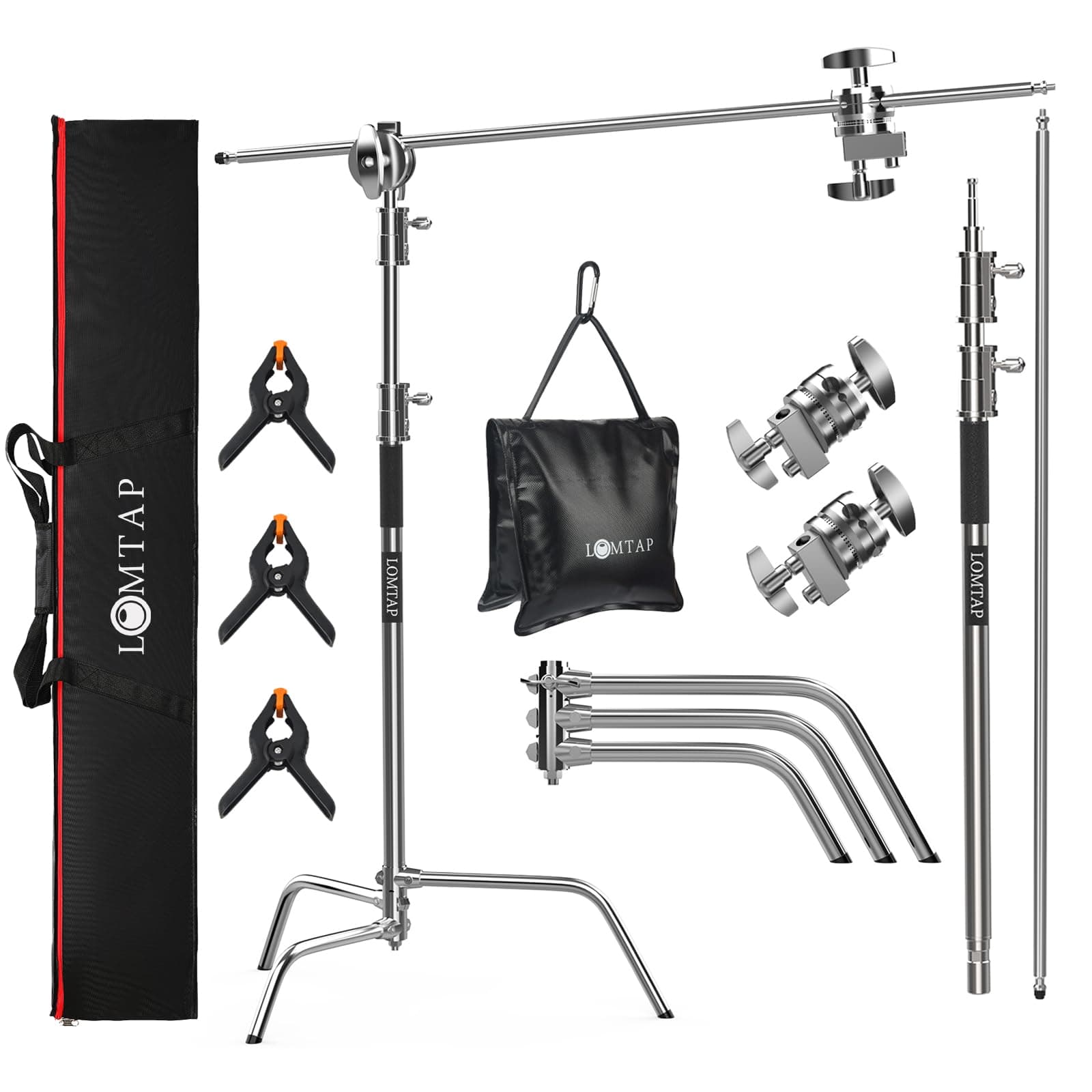 LOMTAP C Stand Light Stand Stainless Metal Photography Kit - Heavy Duty 10.8ft/330cm Vertical Pole, 4.2ft/128cm Boom Arm, Adjustable Base, Water Sandbag, 2 Grip Heads, 3 Clips for Softbox, Reflector