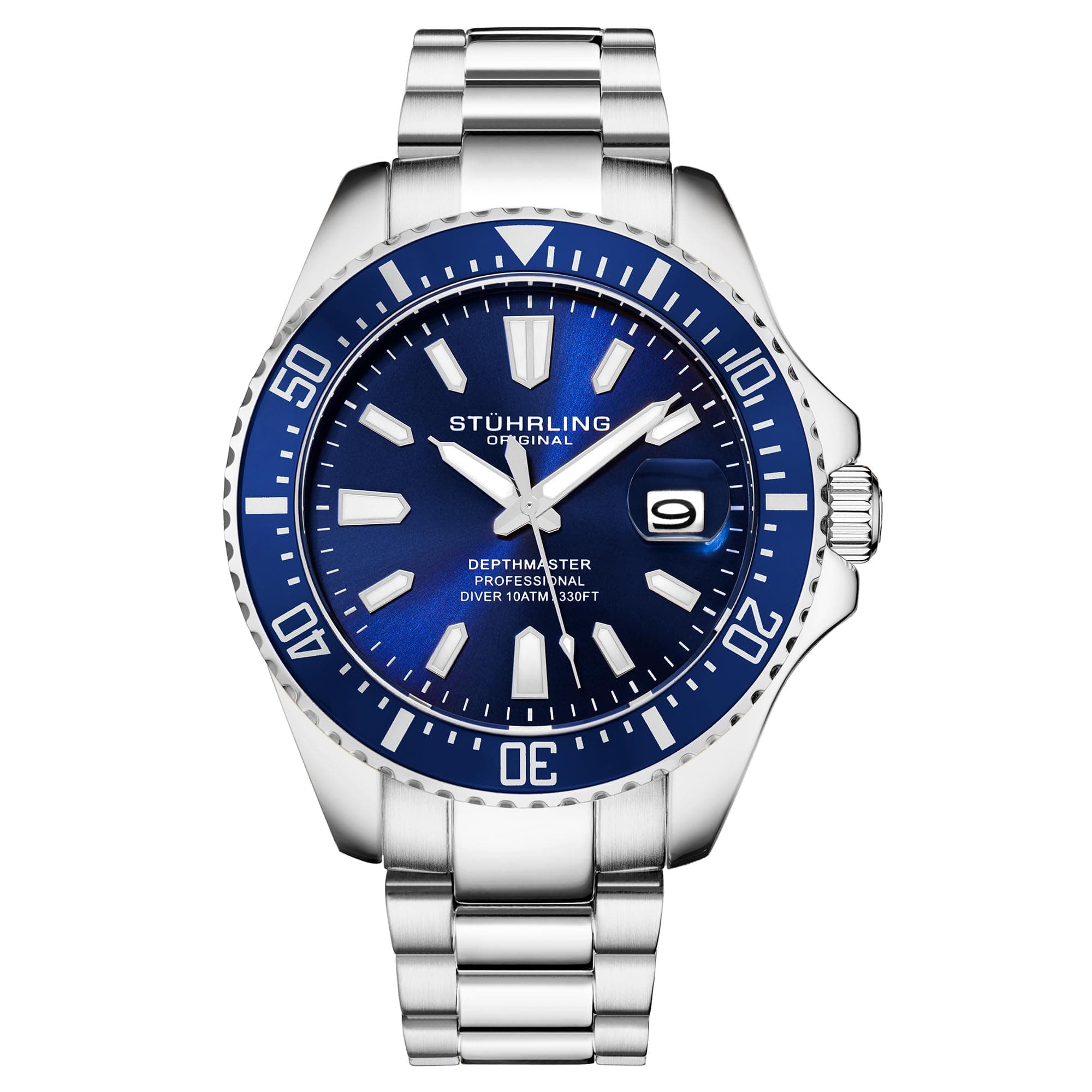 Men's Watches Pro Dive Watch Sports Watch with 42 MM Case Blue Dial Stainless Steel Silver Bracelet Diving Watch for Men