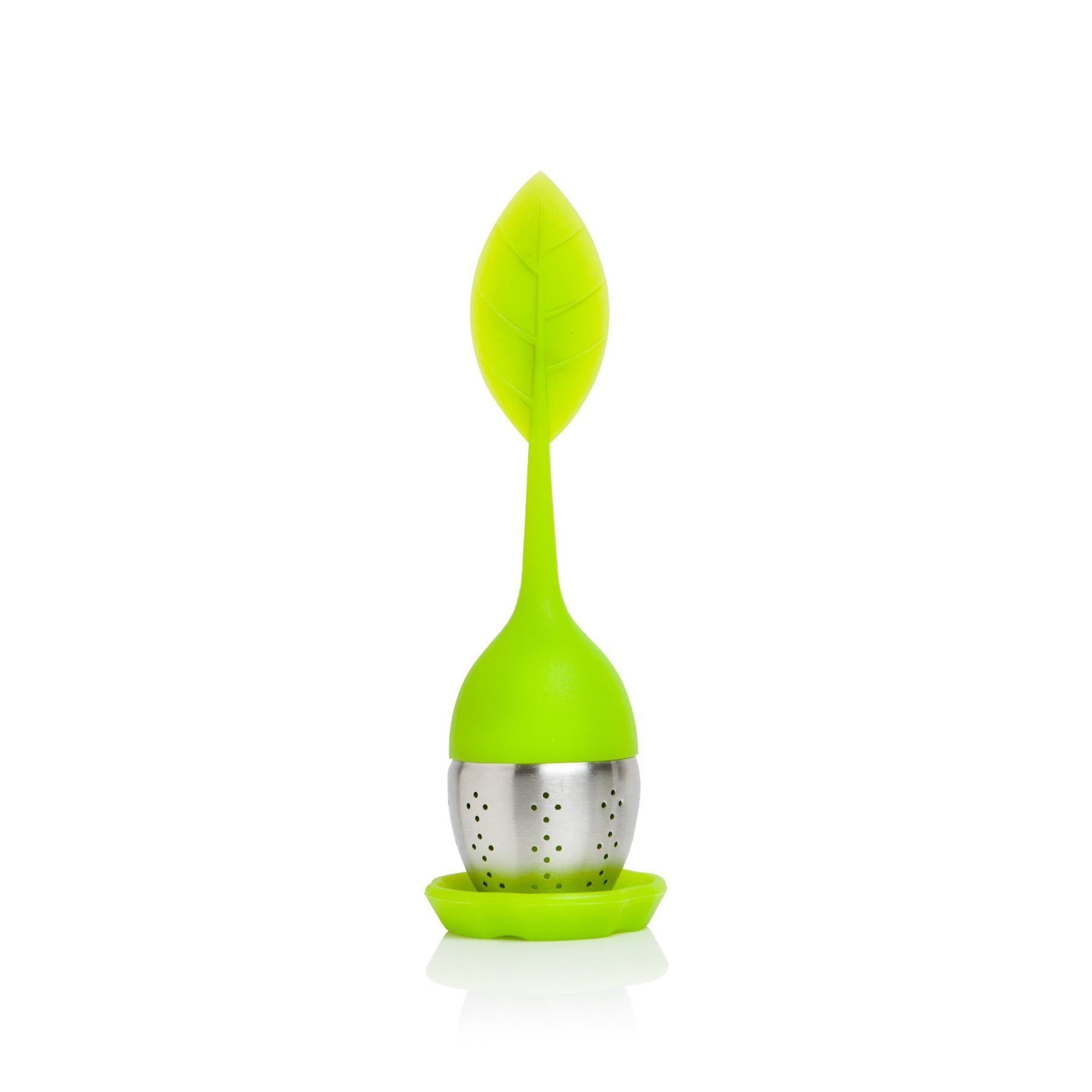 TEA DUNKERS Silicone Leaf Handle and Drip Tray Loose Leaf Long Handled Tea Infuser Strainers GREEN