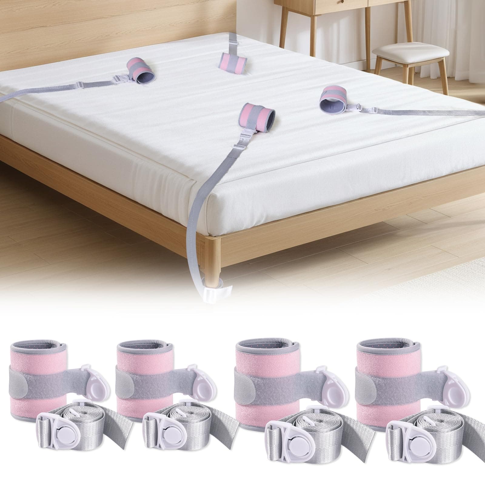 Medical Restraints with Quick Release Buckles, Upgraded Bed Restraints Belts for Both Arms and Legs, Hospital Limb Holder for Wrists and Ankles, 70'' Straps for Queen Size Bed (Pink 4Pcs)