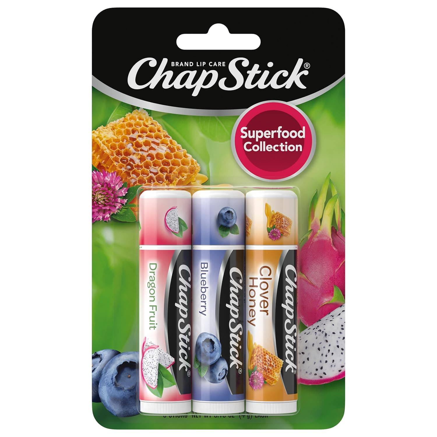 ChapStick Lip Balm, Superfood Collection 3-Pack – Dragon Fruit, Blueberry & Clover Honey, Moisturizer for Dry Lips, 0.15 Oz