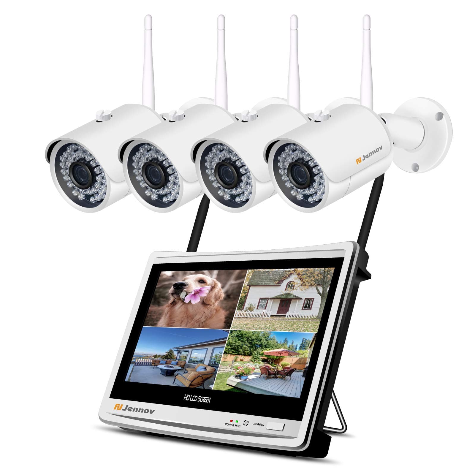 Jennov All In One with 12" Monitor Wireless Security Camera System with HD 1080P 4 CH IP bullet Cameras Wfi Home Video CCTV Surveillance Indoor Outdoor with 1TB HDD