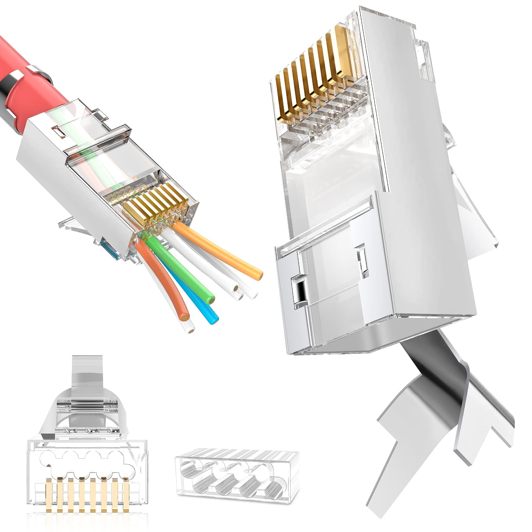 Shielded RJ45 Cat6A Cat7 Pass Through connectors - 3 Prong 8P8C 50U Gold Plated Pass-Thru Modular Data Plug for FTP/STP Cable & Solid Wire