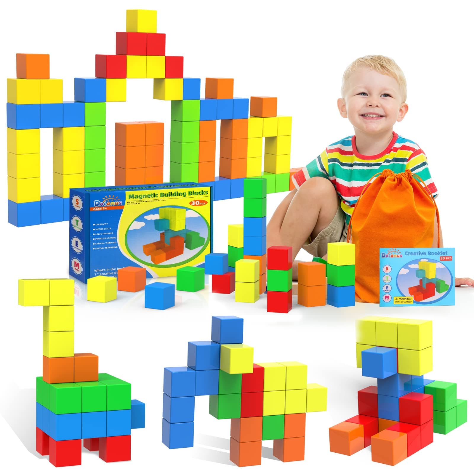 DolanusMagnetic Blocks for Toddler Toys - Max Magnets Strong Magnetic Building Tiles for Kids, STEM Sensory Cube for Preschool, Gift for Boys Girls Age 3 4 5 6 7 Year Old, 30 Pieces, 1.34 Inch